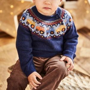 Jojo Maman Bebe Fair Isle Sweater, Tractor Pattern on Navy Blue. Size 18-24m